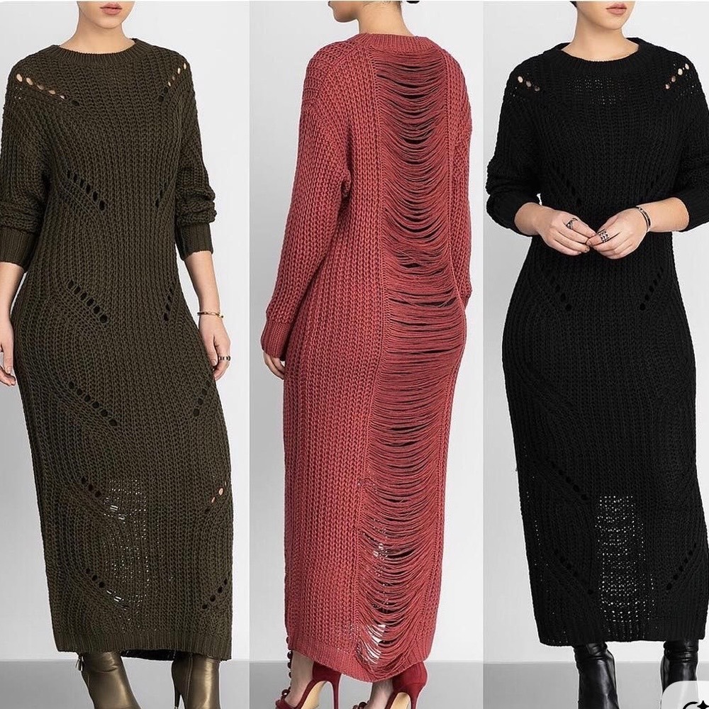 Hera Collection Black Open Ladder Back Pointelle Maxi Sweater Dress S/M 21188